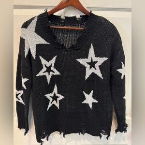 Say What? Black/Gray Star Distressed Sweater Women’s Size Small